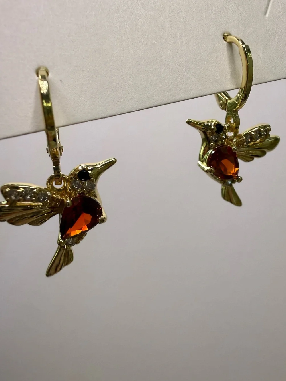 18k GP Hummingbird Earrings with Amber CZ Stones